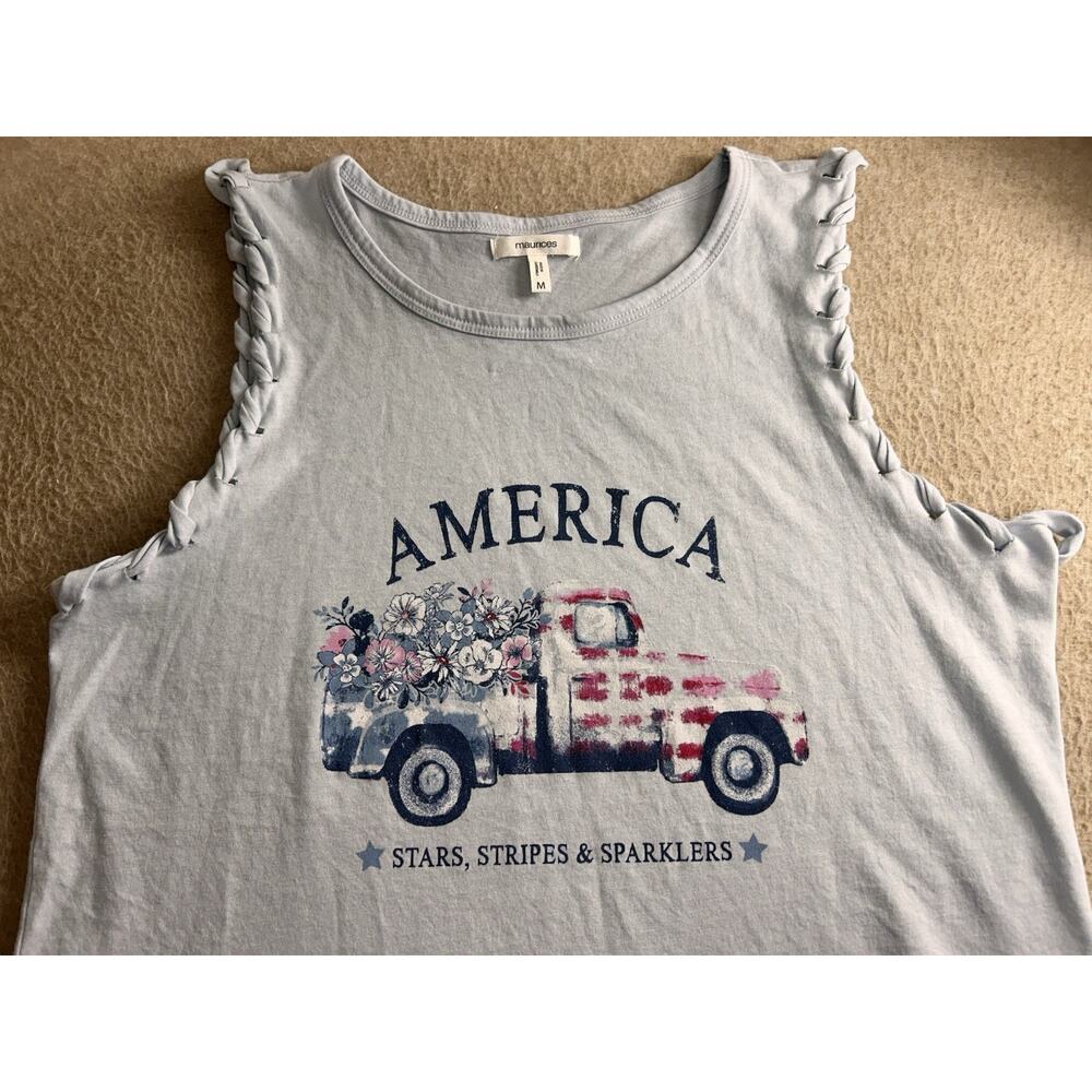 Womens Maurices America Patriotic Tee Sz M Sleeveless Truck T-Shirt Blue Tank - Picture 8 of 10